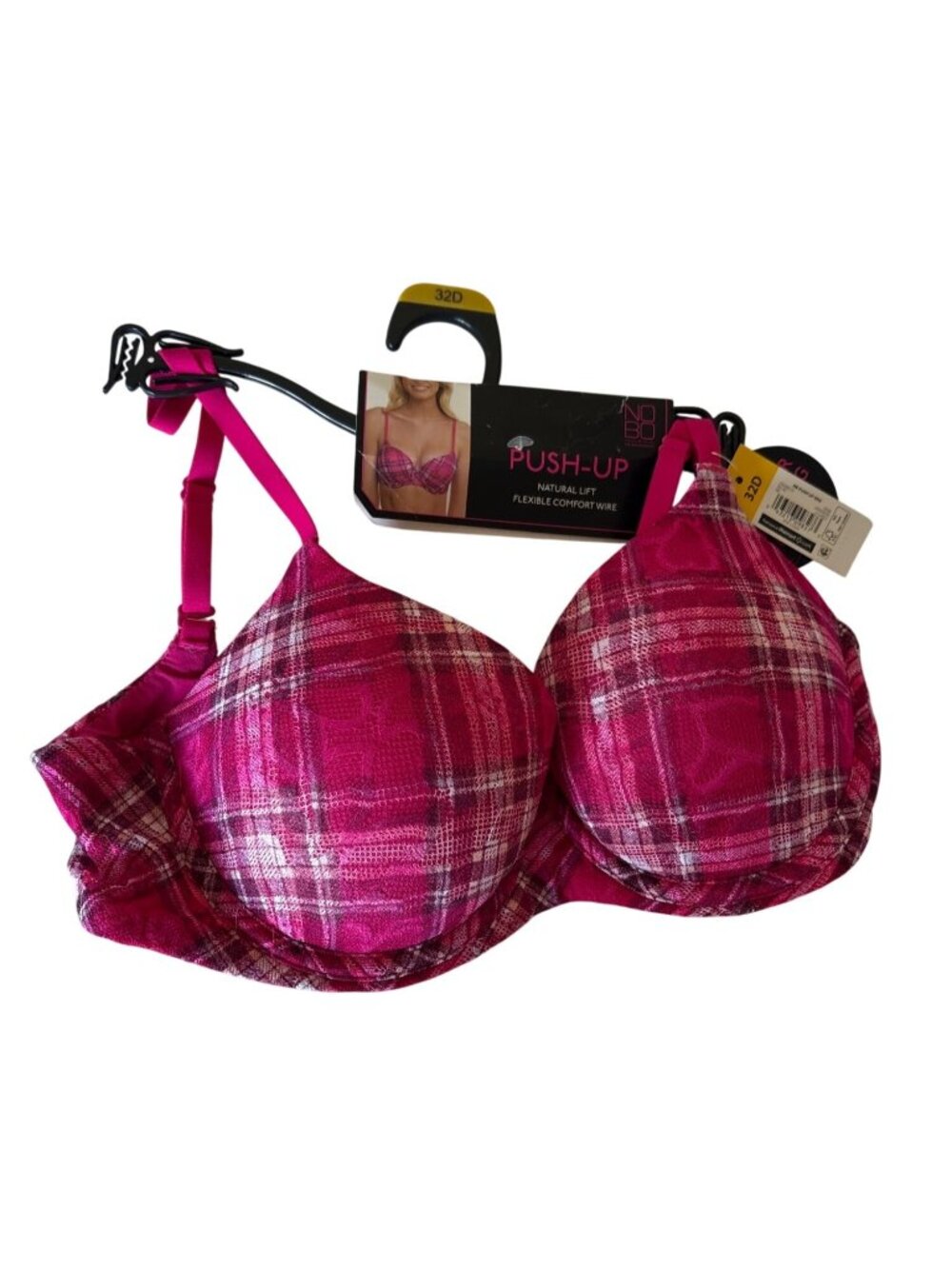 No Boundaries Push-Up Bra Plaid Pink 32D Flexible Comfort Wire Adjustable Straps